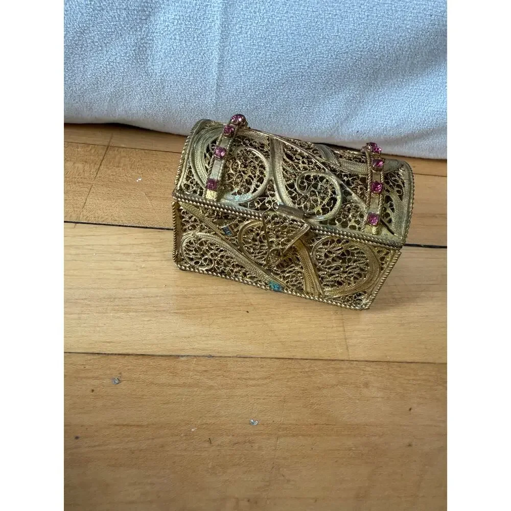 Vintage miniature‎ filigree gold tone chest trunk collectible jewelry box
